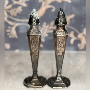 Vintage Astor by Poole Silver Co Salt Pepper Shakers Ornate Heavy 1940s